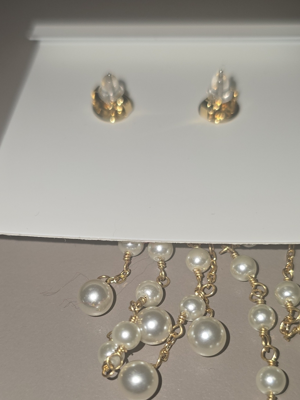New Authentic Tory Burch Gold-Tone Logo Faux Pearl Dangle Drop Stud Earrings - Picture 5 of 6